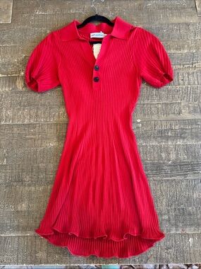 Self-portrait Red Ribbed Polo Dress with Puff Sleeves